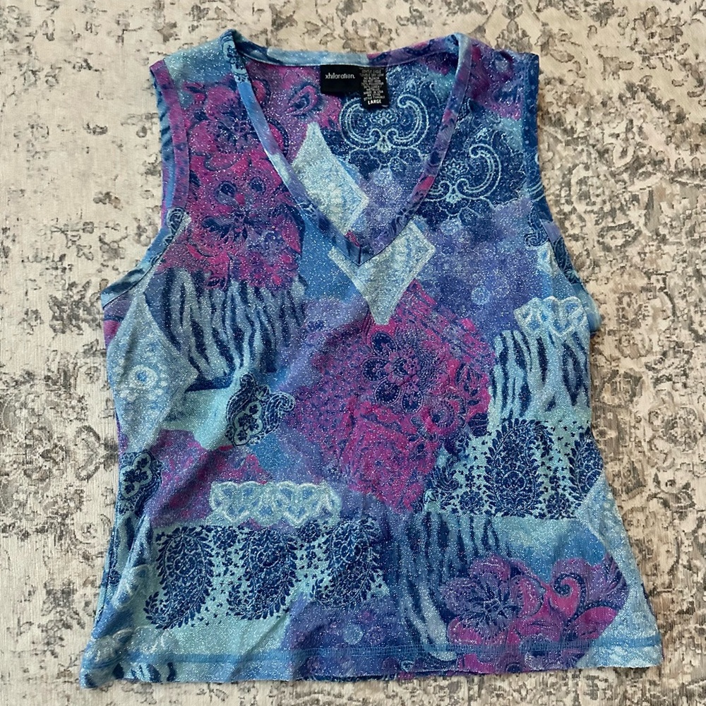 Xhilaration Women's Blue and Pink Glitter Paisley Print Tank Top